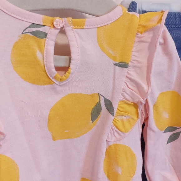 Carter's Baby Girl Pink Lemon Ruffle Long Sleeve Top with Blue Leggings Outfit - Picture 4 of 5